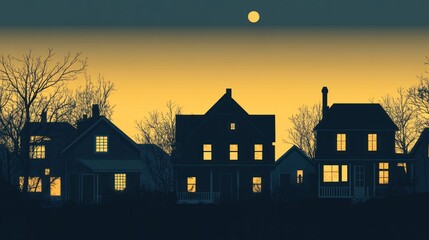 Houses with lit windows at night in a neighborhood scene for illustration use