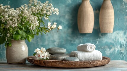 A beautifully arranged spa treatment tray with warm stones and herbal compresses
