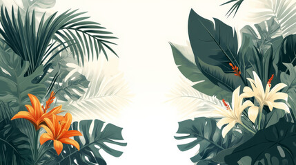 Tropical foliage with vibrant flowers creates lush scene