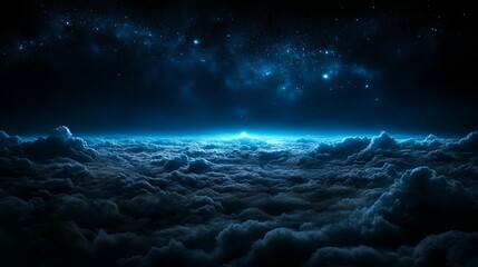 Above the clouds, a vibrant blue nebula shines in the dark night sky.