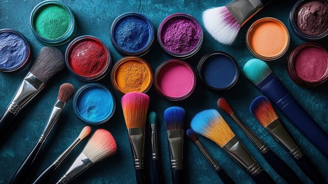 A professional hair coloring kit with dye brushes, mixing bowls, and vibrant color samples.