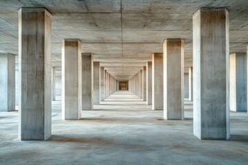 underneath a newly built concrete construction filled with a series of strong pillars, offering a perspective view of depth and structure 