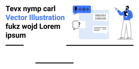 Man pointing at a screen with speech bubble, binary code, and soundwave icons. Ideal for technology, AI, voice recognition, coding, data transfer, communication simple landing page