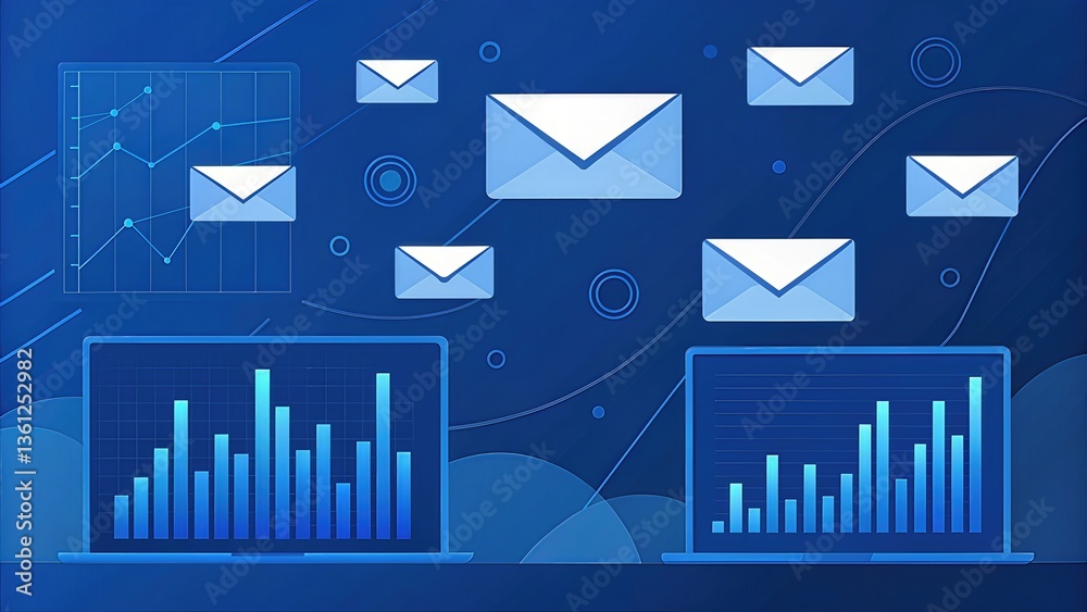 Poster digital communication and analytics concept on a blue background.