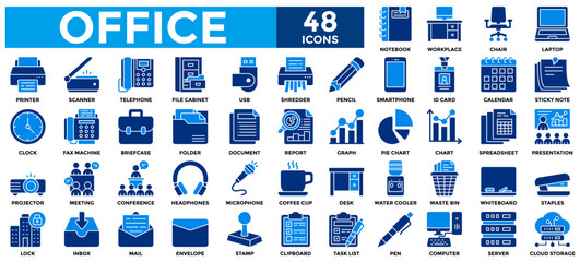 Office icon collection set. Containing document, computer, workplace, desk, meeting, laptop, printer, chair icon.Simple flat vector illustration.