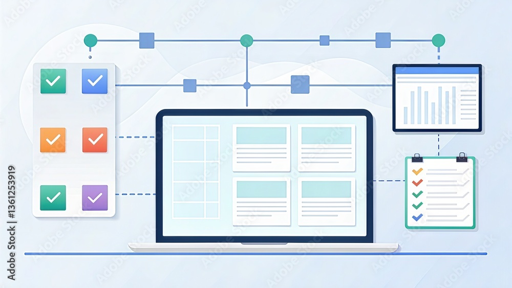 Poster Digital interface showcasing task management and data visualization tools.