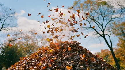 A big pile of falling autumn leaves in the air