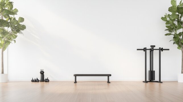 minimalistic gym scene with simple modern workout equipment on polished wooden floor clean white walls and soft natural