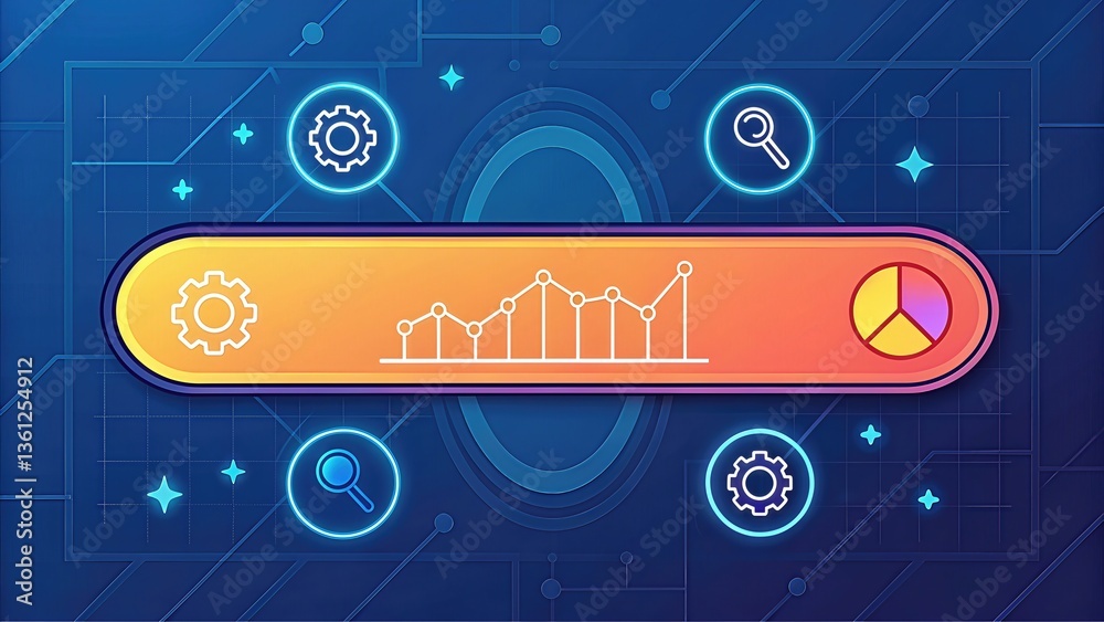 Fototapete digital analytics interface with graphs and gears on a blue background.