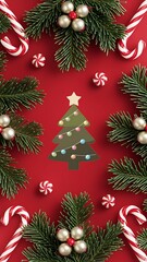A festive Christmas background featuring candy canes pine branches holiday decorations on vibrant red backdrop with a decorated Christmas tree. mockup template for Christmas ads posters greeting cards