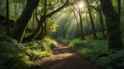 Obraz premium Serene and Lush Forest Pathway with Sunlight Filtering Through Trees