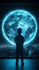 Obraz premium Milestone Courage Dream Big. Child gazing at digital world projection.