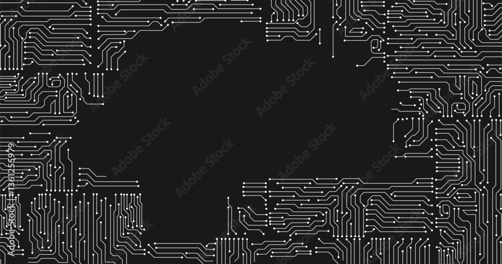 Poster electronics board. circuit board electronic hi tech pattern. vector abstract computer chip. black mo