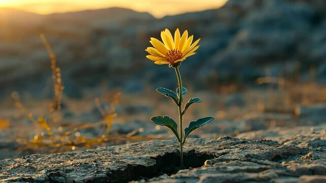 A single flower growing in a crack on the dirt in the desert