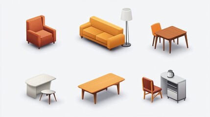 Isometric furniture collection, various styles