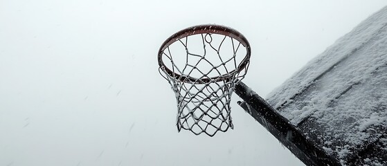 A basketball hoop and backboard coated with falling snow