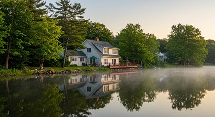 Obraz premium Serene Lakefront House Surrounded by Lush Greenery at Sunrise