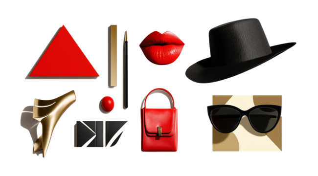 Stylish arrangement of trendy fashion accessories showcasing vibrant colors and unique shapes, isolated on white, PNG