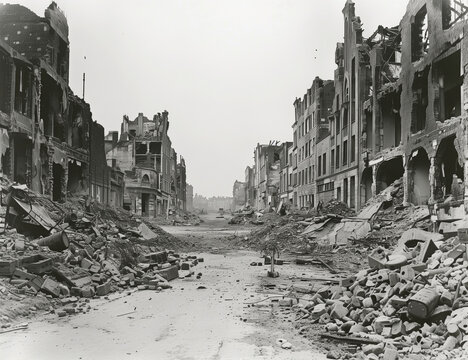 Fototapeta  Historic black and white photo of war-damaged streets surrounded by ruins