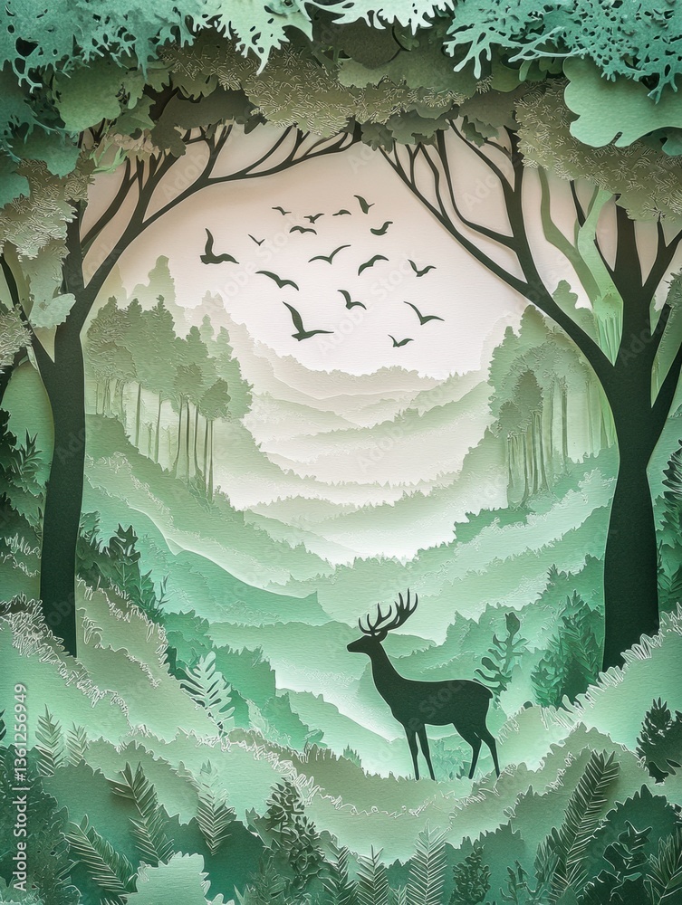 Aufkleber beautiful layered paper cut forest habitat with deer, birds, and trees in soft green and earthy tone