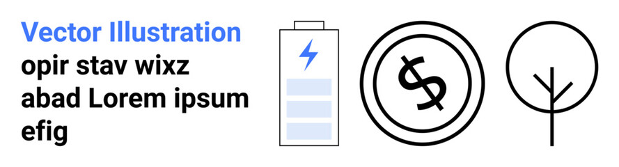 Charged battery, dollar coin, and simple tree outline emphasize renewable energy, financial growth, and nature. Ideal for green tech, savings, environment, business minimalism innovation abstract