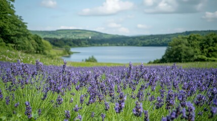 Fototapeta premium Lavender Field by the Lake: Serene Summer Landscape Photography
