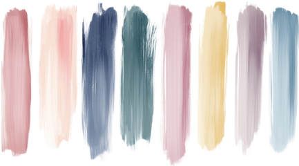 Colorful abstract brush strokes in shades of pink, blue, green, and yellow create a harmonious artistic effect, isolated on white, PNG