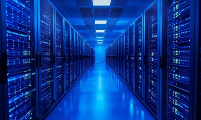 the image reveals a sleek server room, bathed in cool blue light, showcasing rows of server racks receding into the distance