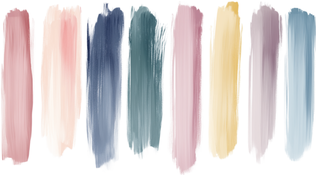 Colorful abstract brush strokes in shades of pink, blue, green, and yellow create a harmonious artistic effect, isolated on white, PNG