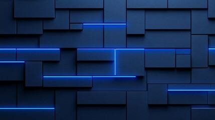 Abstract dark blue geometric background with glowing neon blue lines.