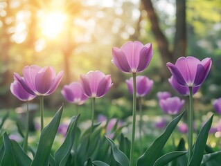 Obraz premium Purple tulips are blooming beautifully in a bright sunny garden