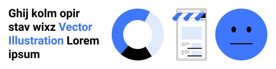 Circular chart, e-commerce storefront, and neutral face highlighting business metrics, online stores, and user feedback. Ideal for data, shopping, emotion, feedback analysis marketing simple