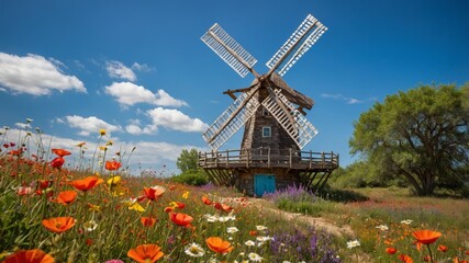 Captivating Scenic View of a Traditional Windmill Surrounded by Vibrant Wildflowers