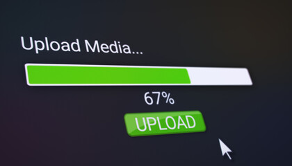 Illustration of a website with a green upload button. A computer monitor that displays the information about the downloading of data with percentages.