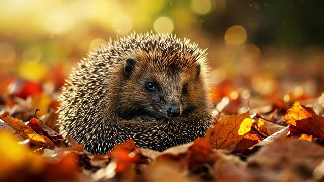 A hedgehog nestled among colorful autumn leaves, evoking warmth.