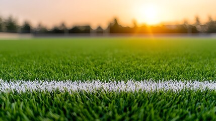 Fototapeta premium Picturesque green sports field with well defined white lines lit by the warm golden hues of the setting sun at dusk