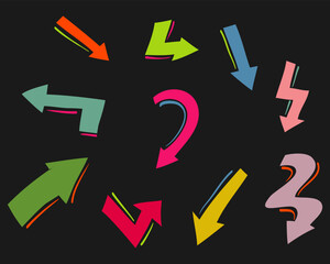 Doodle Arrows icons Set. hand drawn arrow icon with various directions. isolated on a black background