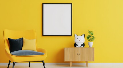 Bright yellow room interior with furniture art and a plant