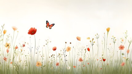 Obraz premium A serene and colorful watercolor landscape depicting a vibrant garden filled with swaying wildflowers and a graceful monarch butterfly floating on the gentle summer breeze