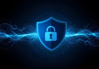 Digital data security: a glowing blue shield with a padlock, surrounded by abstract waves and particles, representing protection