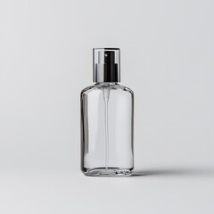 Clear glass spray bottle mockup, studio shot, minimalist background, product packaging