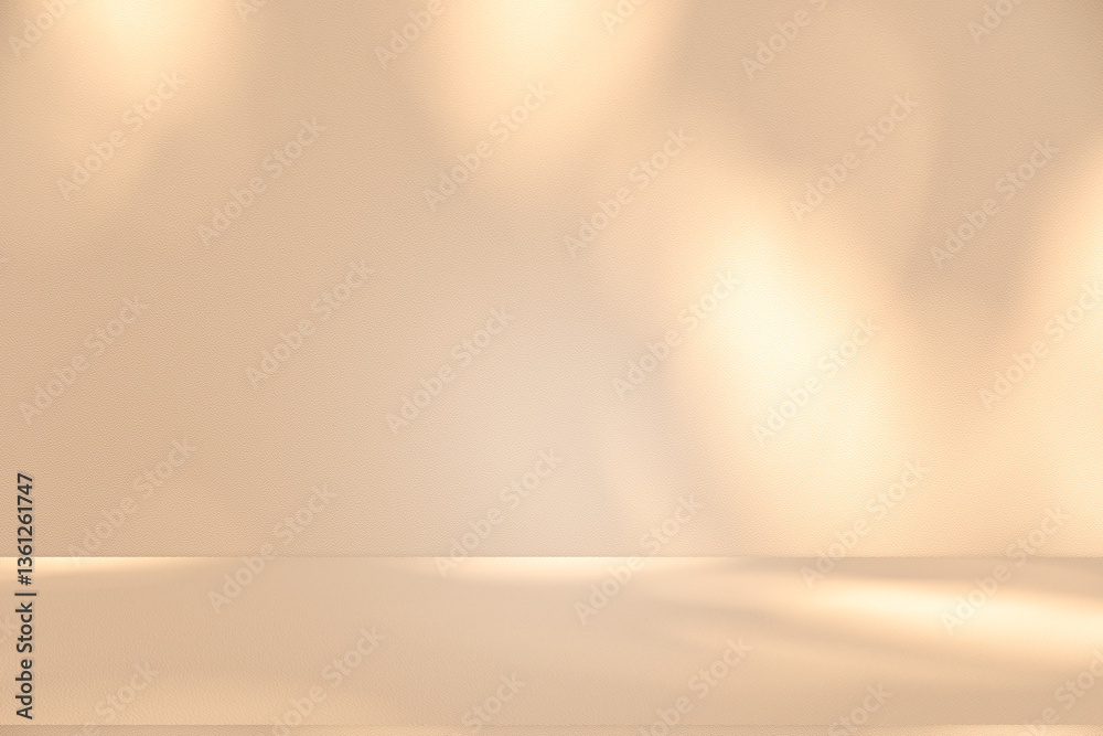 Fototapete Studio style background wall decoration presentation uses white and beige tones. with shadows cast from a nearby window, concept creating a decorative backdrop.	