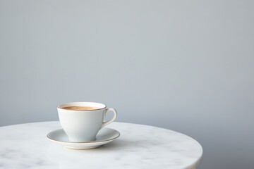 Fototapeta premium single vintage-style coffee cup with saucer stands isolated on white marble table embodying minimalist elegance set