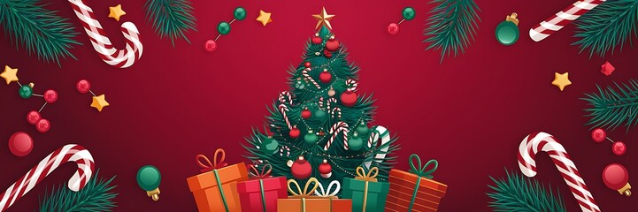 A festive Christmas background featuring candy canes pine branches holiday decorations on vibrant red backdrop with a decorated Christmas tree. mockup template for Christmas ads posters greeting cards
