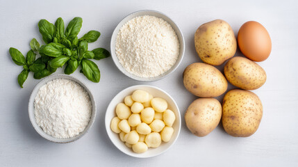 Fresh ingredients for gnocchi preparation, including potatoes, flour, egg, and basil