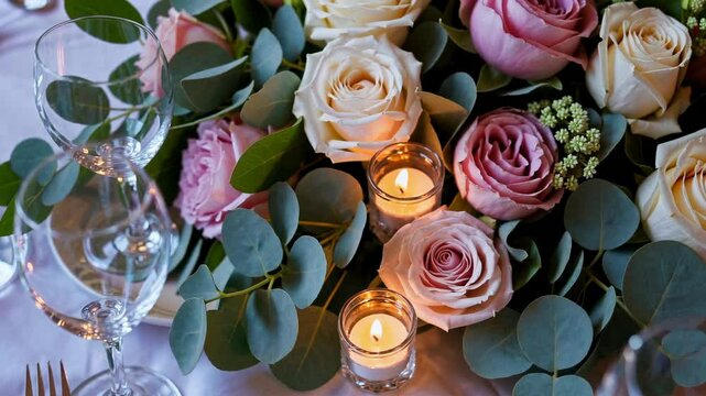 Elegant floral arrangement with soft lighting and glassware for a romantic dinner setting at a beautiful table