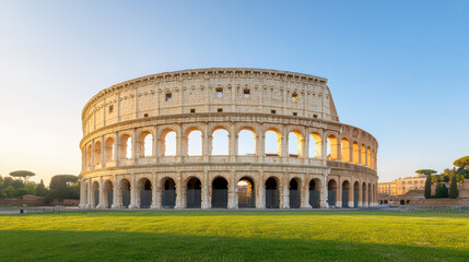 Fototapeta premium stunning Roman amphitheater stands majestically clear sky, showcasing its ancient architecture