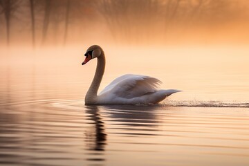 Swan floating on lake during sunset Generative AI