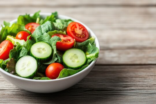 close-up photo of fresh vibrant green salad with leafy greens cherry tomatoes and cucumbers in white bowl placed neatly
