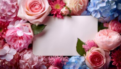 Blank greeting card with beautiful bouquet of roses peonies and hydrangeas